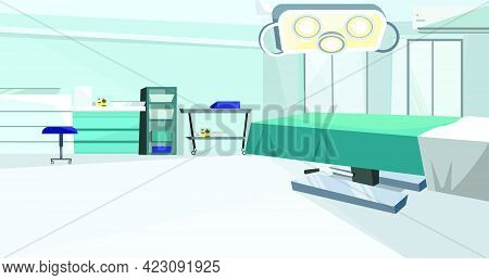 Surgery Room With Operating Table With Vector Illustration. Modern Operating Room With Lamp And Coun