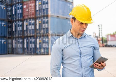 Caucasian Men Freight Supervisor Inspect The Condition Of All Containers Shipment By Using Tablet To