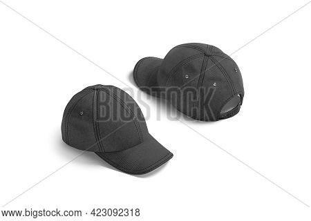 Blank Black Baseball Cap Mock Up, Side And Back View, 3d Rendering. Empty Brim Headwear With Button 