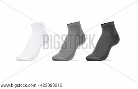 Blank White, Grey, Black Ancle Socks On Tiptoe Mockup, Isolated, 3d Rendering. Empty Elastic Footwea