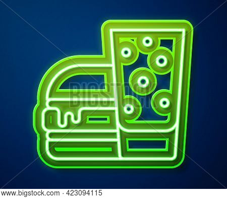 Glowing Neon Line Burger Icon Isolated On Blue Background. Hamburger Icon. Cheeseburger Sandwich Sig