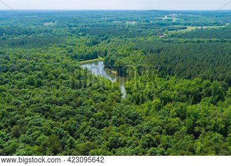 Aerial View Forest Lake Water Summer Nature Between By Mountains In Campobello, South Carolina