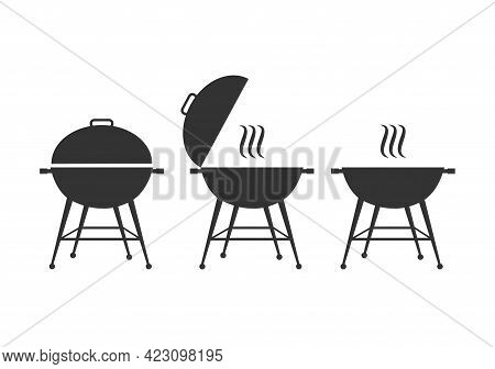 Set Bbq Grill Silhouette Icon Isolated On White Background. Barbecue Signs With Smoke. Vector Stock