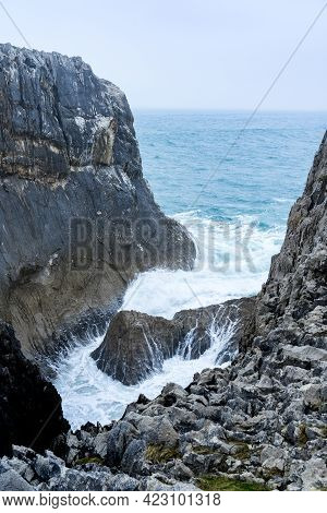 Landscape Of The Karst Limestone Sea Cliffs In Asturias In The Llanes Coast, North Of Spain, With Th