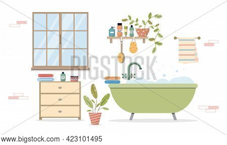 Modern Bathroom Interior. Cozy Interior With A Window And Plants. Bathroom With Furniture And Bathro