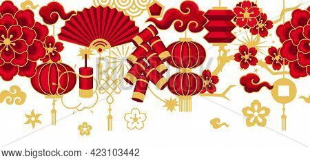 Happy Chinese New Year Ceamless Pattern. Background With Oriental Symbols.