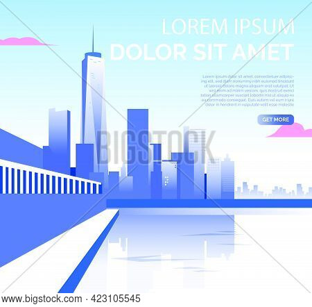 City Downtown With Skyscrapers And Sample Text. Building, Downtown Concept. Presentation Slide Templ