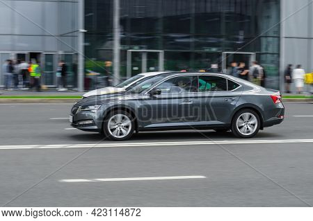 Moscow, Russia - June 2021: Gray Skoda Superb B8, Side View. Photography Of A Modern Premium Sedan D