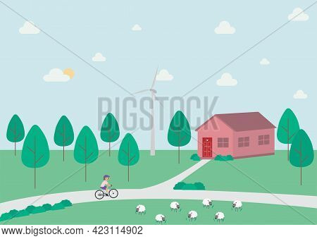 Rural Landscape With A House, Trees, Cyclist And Sheep In The Countryside With Forest And Windmill.