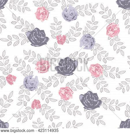 Botanical Seamless Pattern With Pink And Purple Flowers And Dark Leaves On White Background.