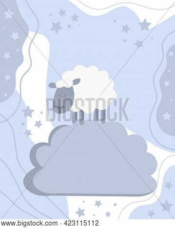 A Cute Sheep Is Walking On The Cloud Among Stars.
