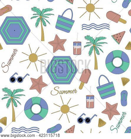 Colorful Seamless Linear Summer Pattern With Beach Elements.