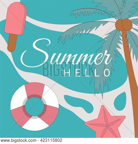 Hello Summer Vector Banner With Beach Elements And Text Typography.
