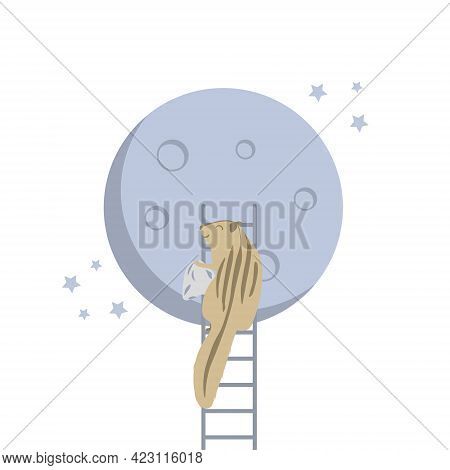 A Cute Chipmunk Is Sitting On The Ladder And Cleaning Up The Moon. Perfect For Nursery Bedroom, Post