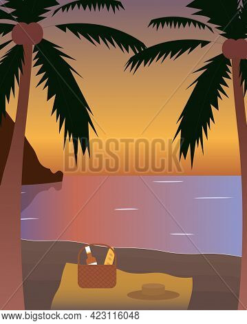 Picnic At The Beach By The Sea Under Palm Trees During Sunset. Concept Vector Illustration.