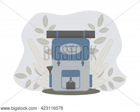 Front View Of A Backpack For Hiking And Tourism With A Mat, A Mug And A Torch. Concept Vector Illust