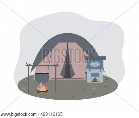 Summer Hiking Concept Vector Illustration With A Tent, A Campfire And A Backpack In A Flat Style.