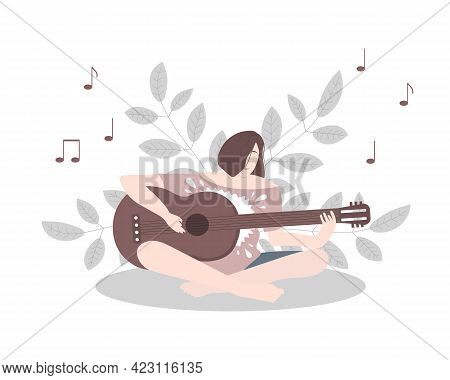 A Young Woman Is Sitting In Lotus Position Among The Plants And Playing The Guitar. Concept Vector I