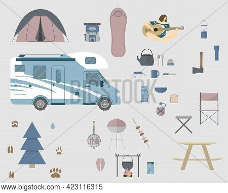 Camping And Hiking Elements Set Collection For Local Vacation. Vector Illustration In Flat Style.