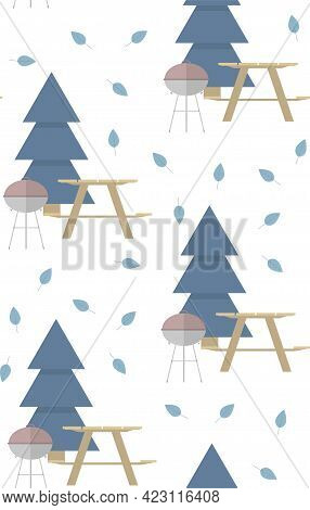Seamless Vector Pattern With Barbeque, Wooden Table, Bench, Leaves And Fir Tree On A White Backgroun