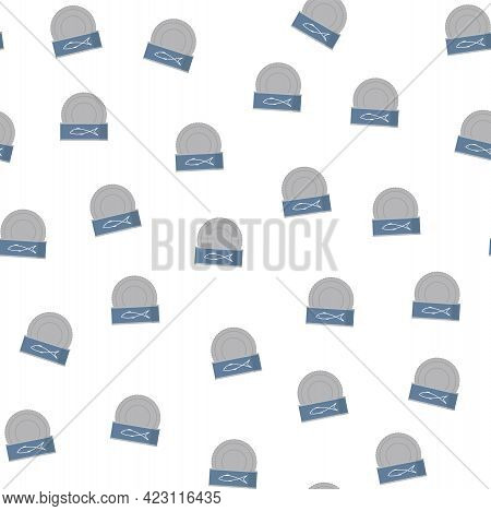 Seamless Vector Pattern With Opened Tin Full Of Fish. Perfect For Wallpaper, Background, Wrapping Pa