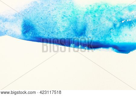 Abstract watercolor and acrylic flow blot painting. Blue Color canvas texture horizonta background. 