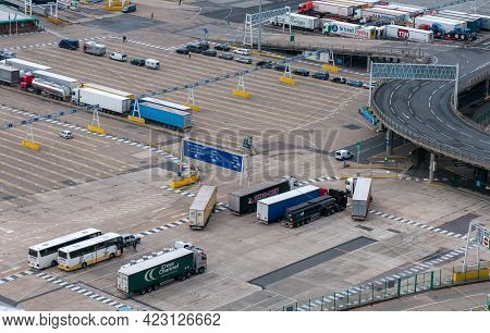 Dover, United Kingdom, September 20 2013: Trucks On Dover Docks Station At The Harbor Before The Cus