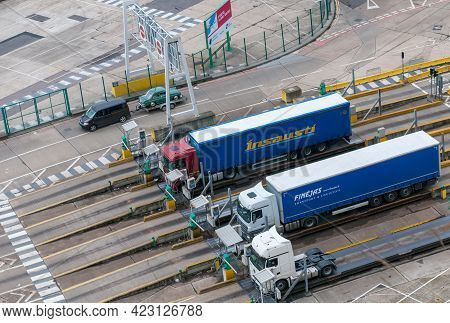 Dover, United Kingdom, September 20 2013: Trucks On Dover Docks Station At The Harbor Before The Cus