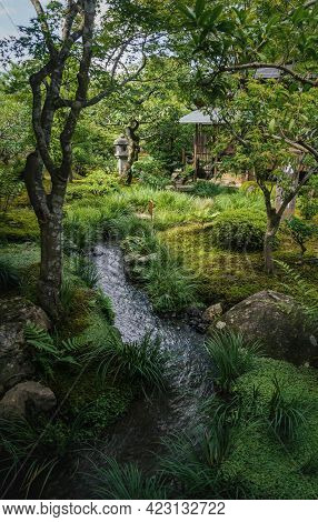 Kyoto, Japan - 18 September 2017: Natural Japanese Zen Garden Sogenchi With River Running In Lush Fo