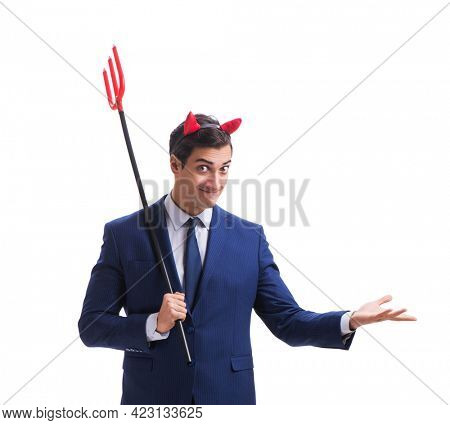 Evil devil businessman with pitchfork isolated on white backgrou