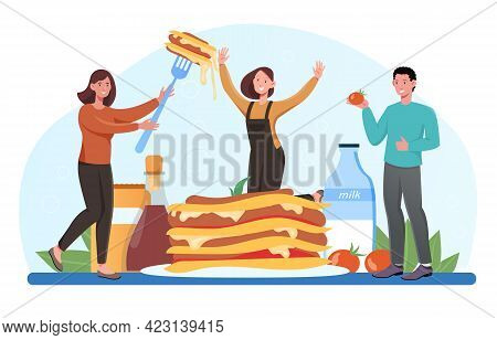 Smiling Young Male And Female Characters Enjoing Tasty Lasagna Together. Italian Delicious Cuisine O