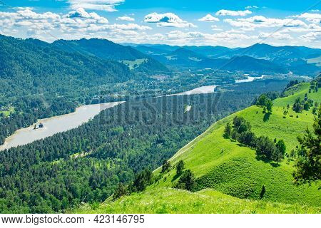View From A High Hill, Summer Sunny Landscape Of A Mountain Valley Of Siberian Nature With A River, 