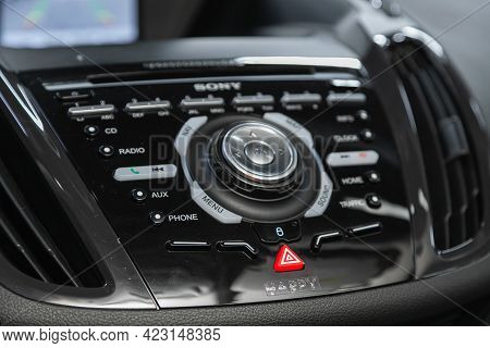 Novosibirsk, Russia - June 08, 2021: Ford Kuga, A Close Up On A Black Panel With Radio,  Player And 