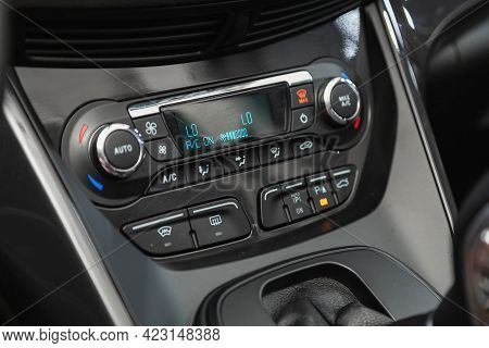 Novosibirsk, Russia - June 08, 2021: Ford Kuga, Black  Detail With The Air Conditioning Button Insid