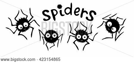 Set Of Cute Vector Spiders With Lettering. Hand Drawn Funny Insects In Doodle Flat Style Isolated On