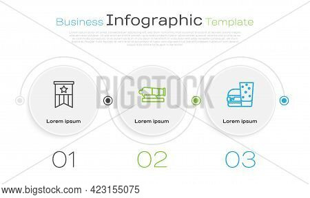 Set Line American Flag, Cannon And Burger. Business Infographic Template. Vector