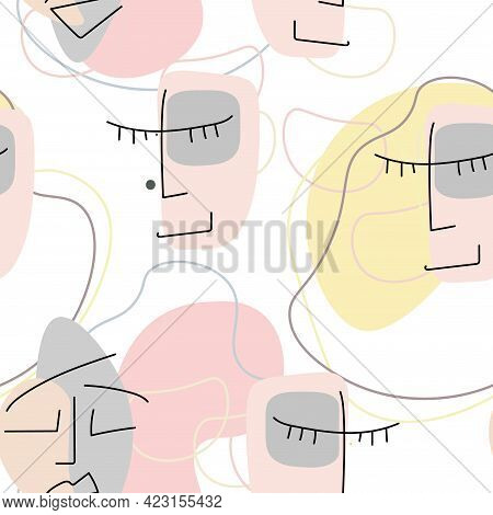 Face Line Pattern. Abstract Drawing Seamless Pattern. Vector Modern Minimal Art. Graphics Contour Ba