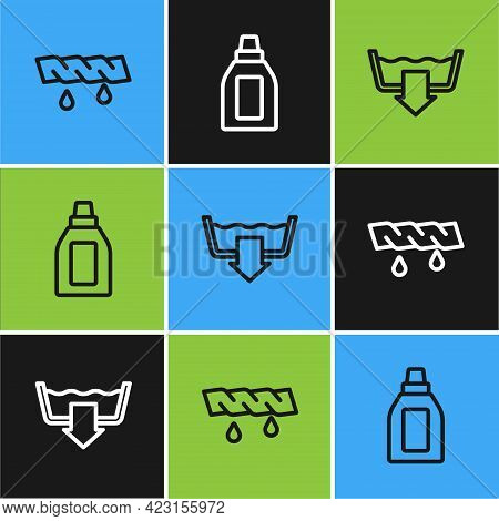 Set Line Squeeze Clothes, Washing Modes And Bottle For Cleaning Agent Icon. Vector