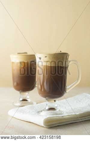 Coffee And Milk. Delicious Coffee Drink With Ice Cream And Whipped Cream