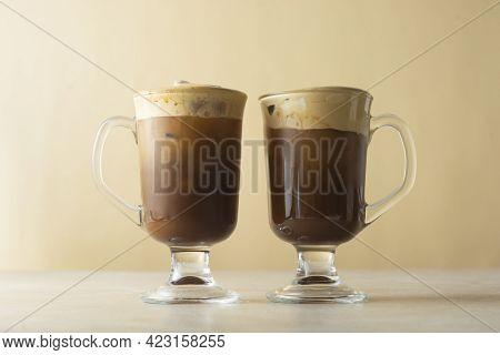 Coffee And Milk. Delicious Two Coffee Drinks With Ice Cream, Whipped Milk