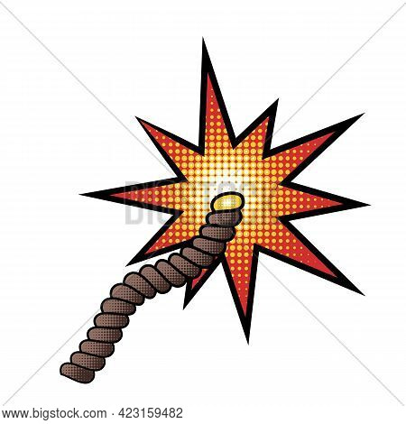 Burning Explosive Fuse In Comic Cartoon Style With Halftones Isolated On White Background. Design El