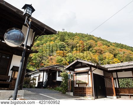 Kiso, Nagano Prefecture, Japan - October 23, 2017: Fall Foliage In Historic Old Town Of Kiso-fukushi