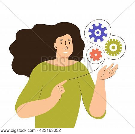 A Young Woman Holds Working Gears In Her Hands. Searching For Ideas And Solutions, Business Processe