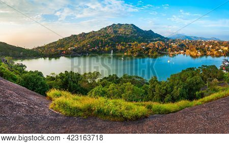 Mount Abu And Nakki Lake Aerial Panoramic View. Mount Abu Is A Hill Station In Rajasthan State, Indi