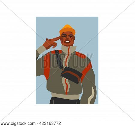 Hand Drawn Vector Flat Abstract Stock Graphic Illustration With Young Happy, In Summer Outfit, Afric