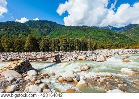 Bridge Through Beas River Near Manali In Kullu Valley In Himachal Pradesh, India
