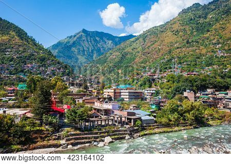 Beas River Near Kullu Town Aerial Panoramic Landscape, Kullu Valley In Himachal Pradesh State In Ind