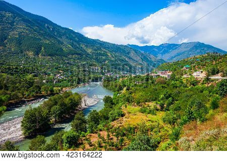 Beas River Near Kullu Town Aerial Panoramic Landscape, Kullu Valley In Himachal Pradesh State In Ind