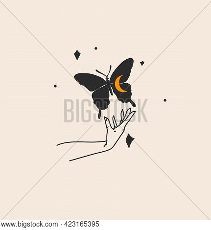 Hand Drawn Vector Abstract Stock Flat Graphic Illustration With Logo Element, Bohemian Magic Art Of 