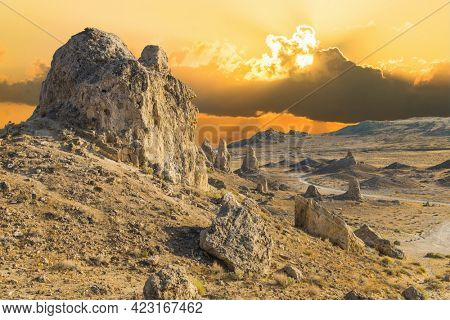 Trona Pinnacles are nerarly 500 tufa spires hiddeen in California Desert National Conservation Area, not far from the Death Valley National Park, California, USA. Sunset